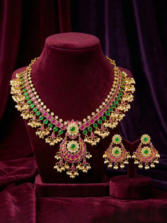 Peora Temple Style Jadau Bridal Necklace Set
