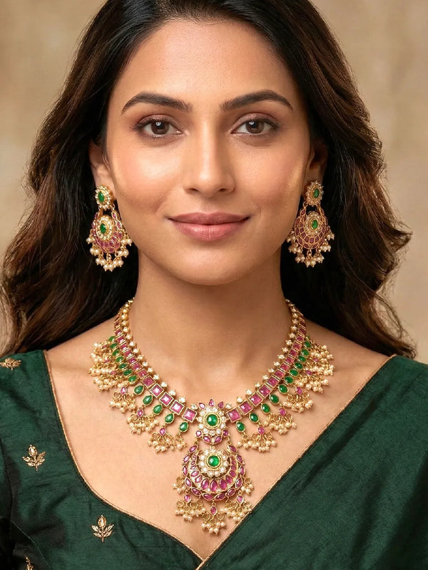 Peora Temple Style Jadau Bridal Necklace Set