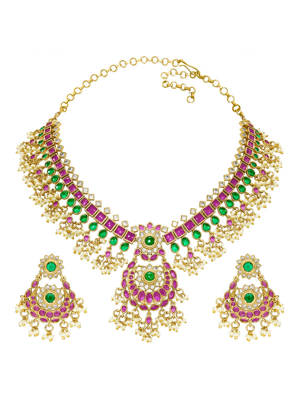 Peora Temple Style Jadau Bridal Necklace Set
