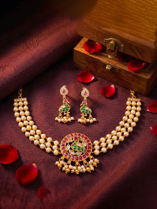 Peora Pink & Green Jadau Swan Choker Pearl Set