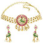Peora Pink & Green Jadau Swan Choker Pearl Set