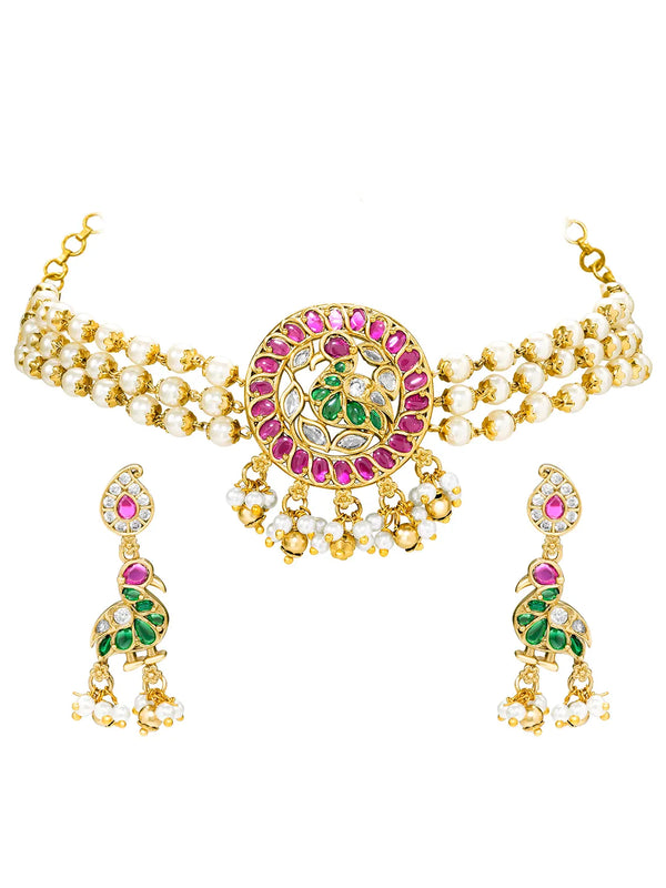 Peora Pink & Green Jadau Swan Choker Pearl Set