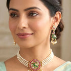 Peora Pink & Green Jadau Swan Choker Pearl Set