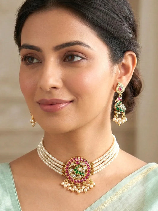 Peora Pink & Green Jadau Swan Choker Pearl Set