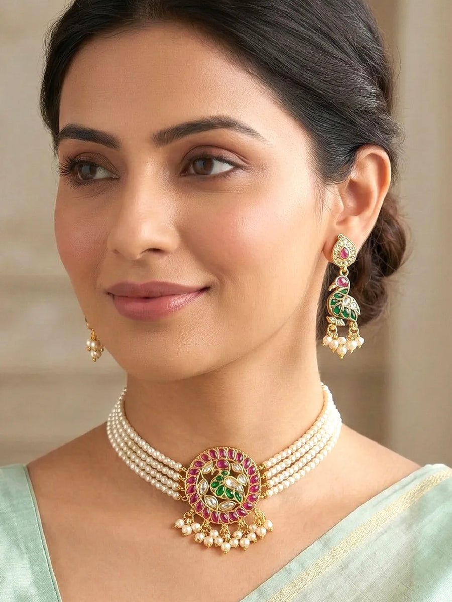 Peora Pink & Green Jadau Swan Choker Pearl Set