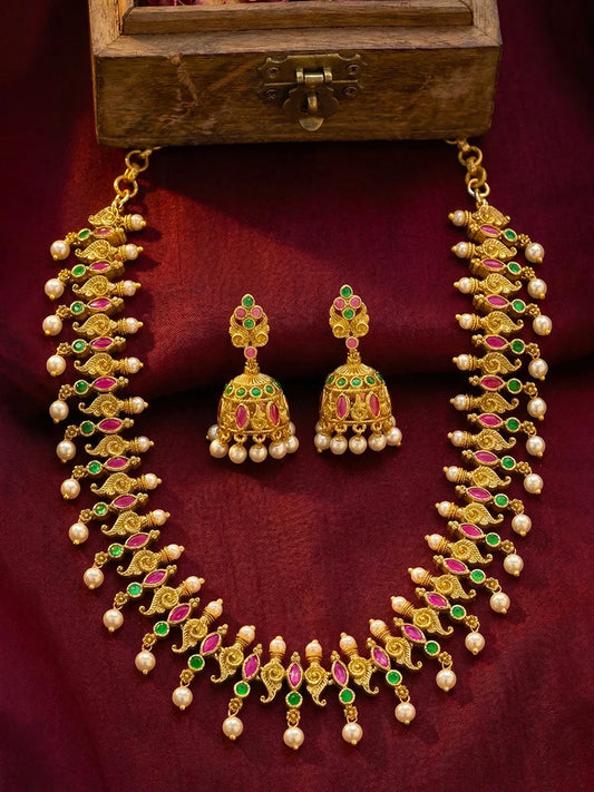Peora Royal Temple Style Necklace Set With Jhumki