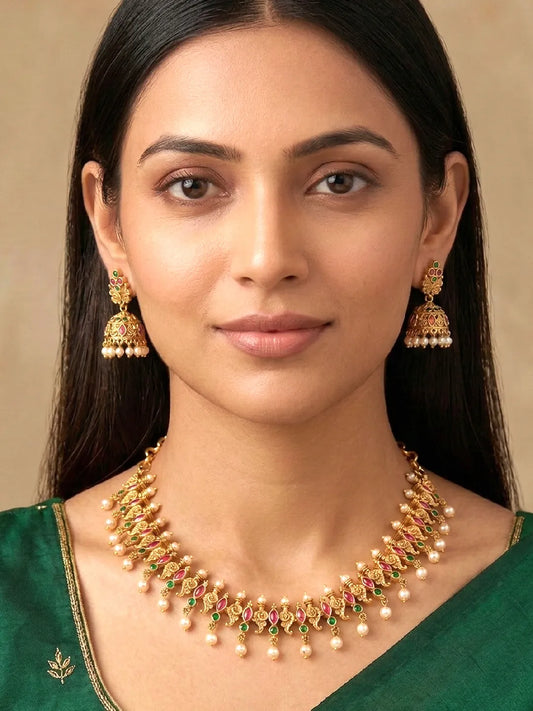 Peora Royal Temple Style Necklace Set With Jhumki