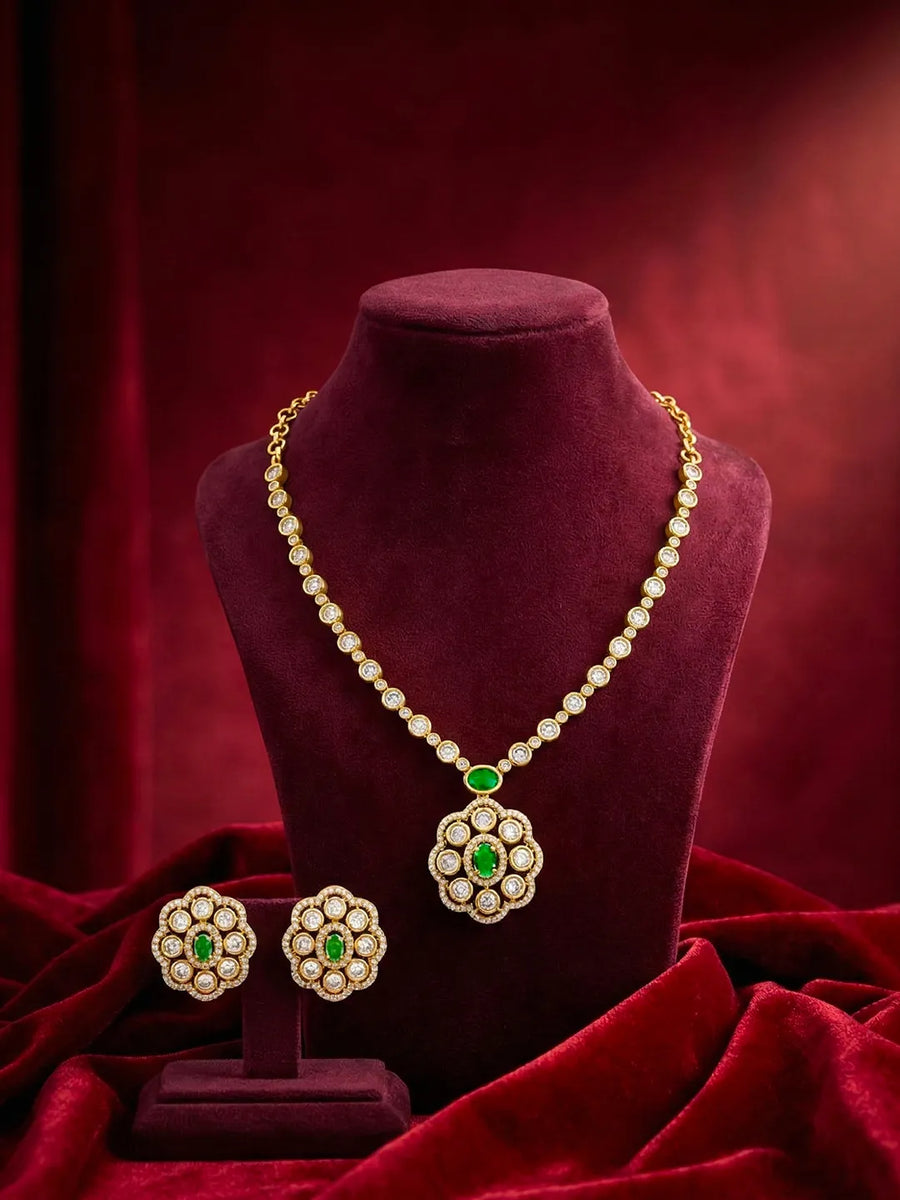 Peora Modern Emerald Kundan Polki Pendant Set