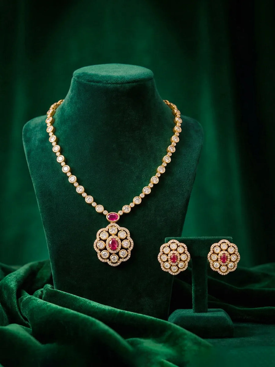Peora Modern Ruby Kundan Polki Pendant Set