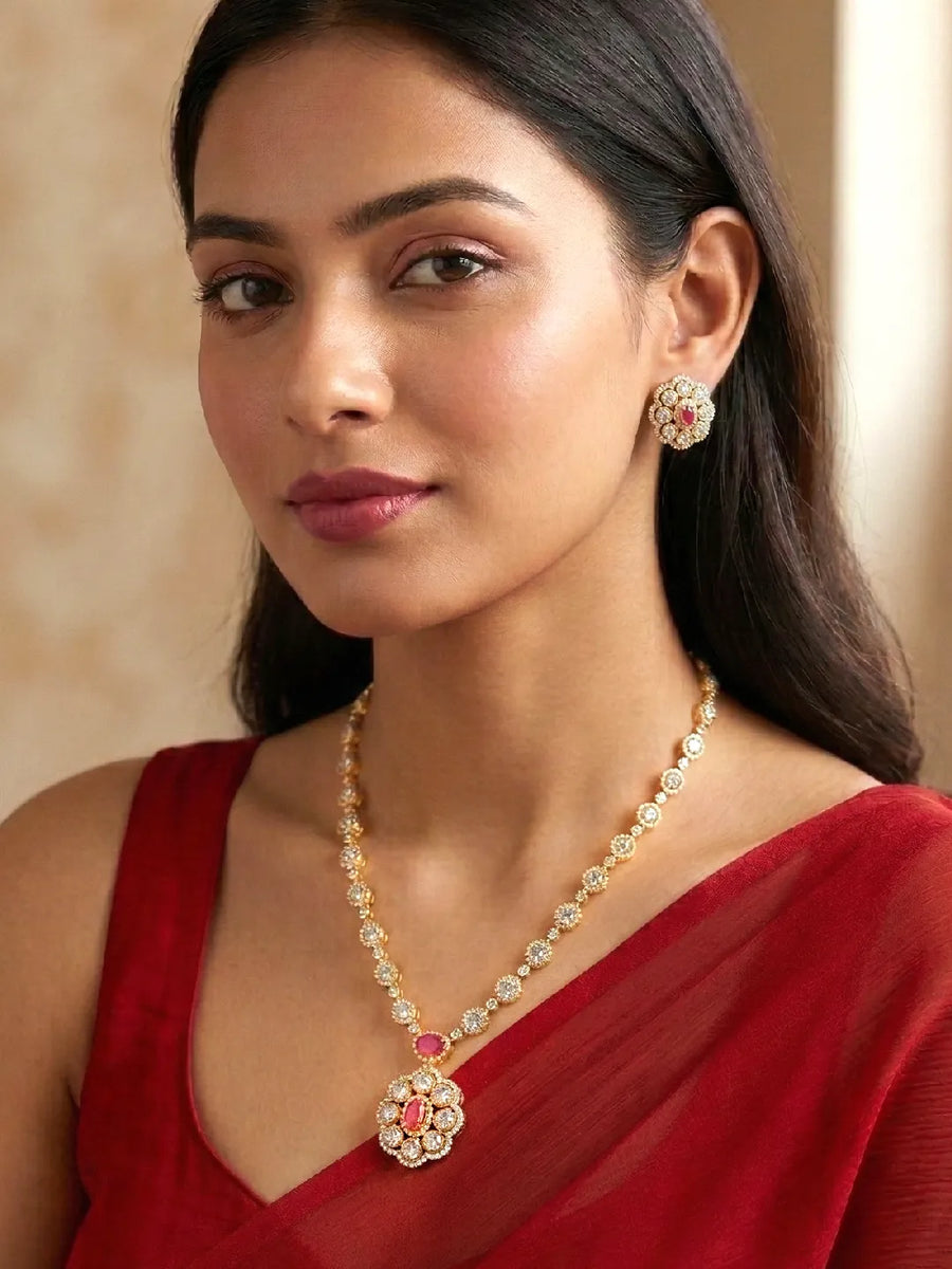 Peora Modern Ruby Kundan Polki Pendant Set