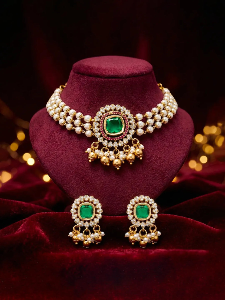 Peora Traditional Green Pearl Kundan Choker Set