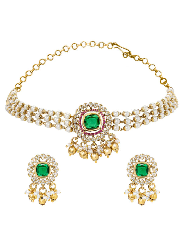 Peora Traditional Green Pearl Kundan Choker Set