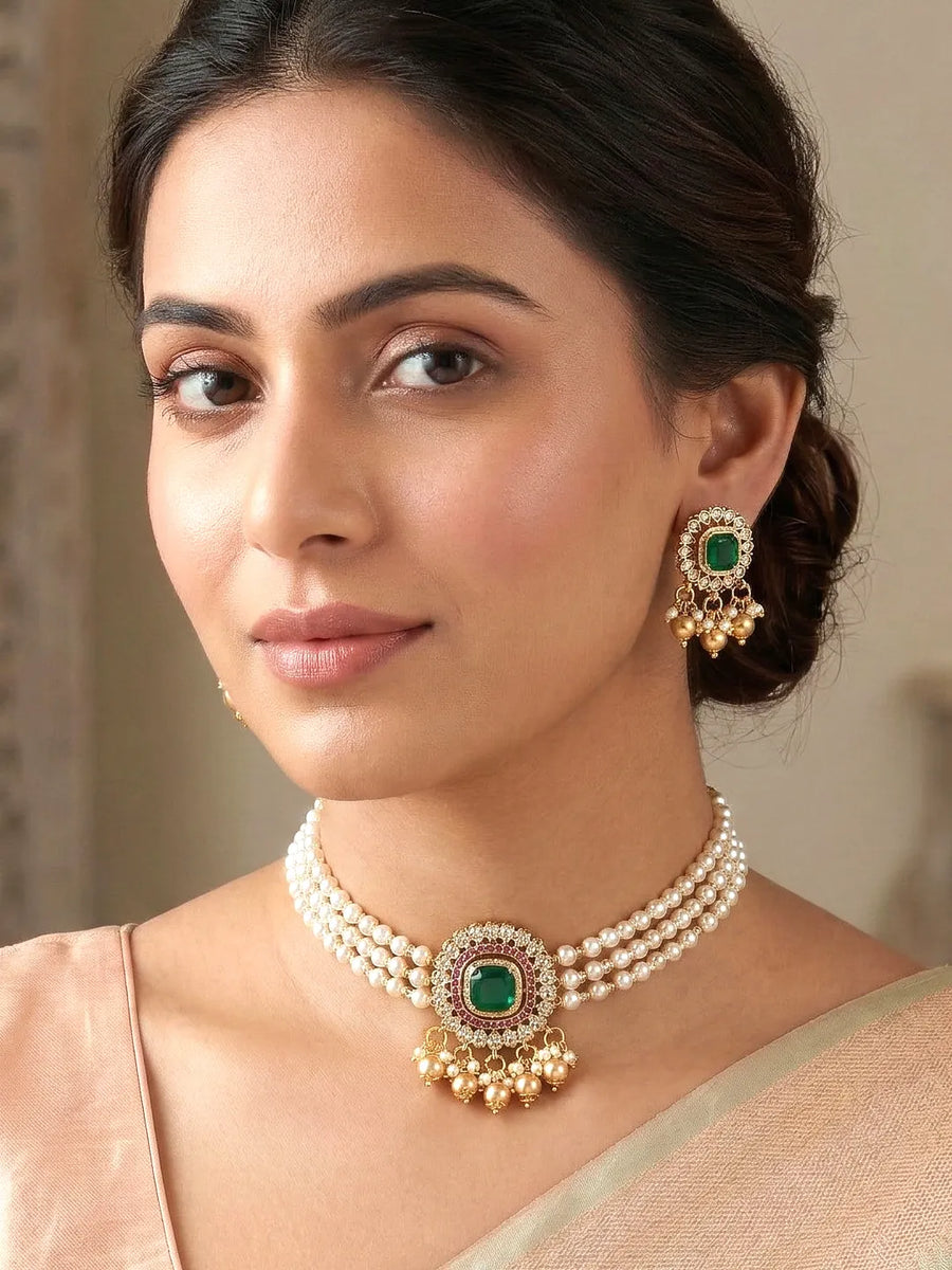 Peora Traditional Green Pearl Kundan Choker Set