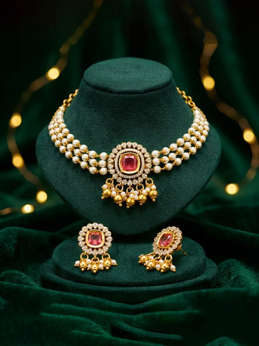 Peora Traditional Ruby Pearl Kundan Choker Set
