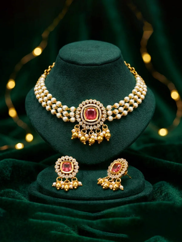 Peora Traditional Ruby Pearl Kundan Choker Set