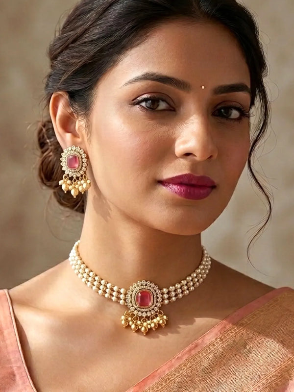 Peora Traditional Ruby Pearl Kundan Choker Set