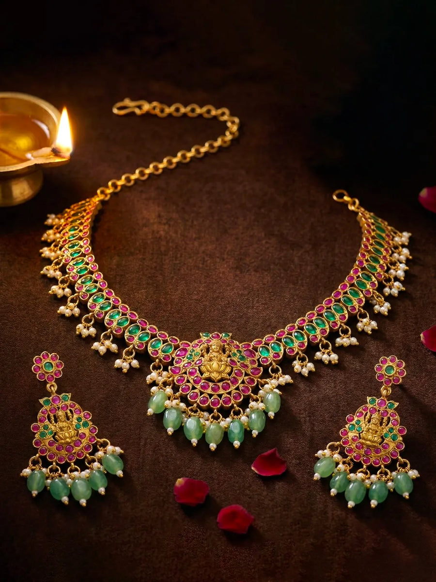 Peora Divine Laxmi Temple Multi Color Necklace Set