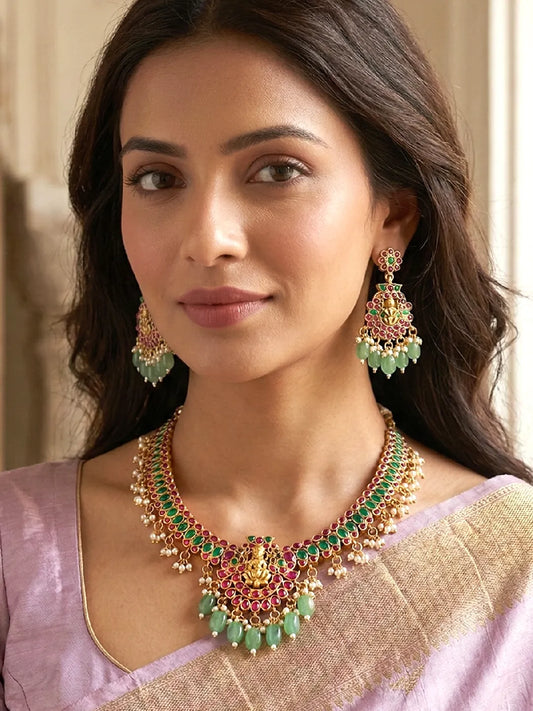 Peora Divine Laxmi Temple Multi Color Necklace Set