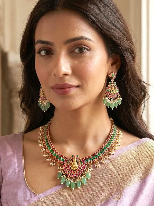 Peora Divine Laxmi Temple Multi Color Necklace Set