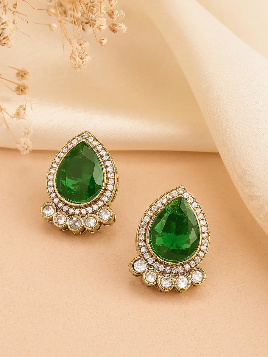 Gleaming Teardrop Crystal Studs - Green
