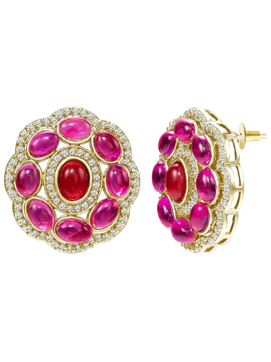 Peora Floral Charm Ruby Stud Earrings - Gold