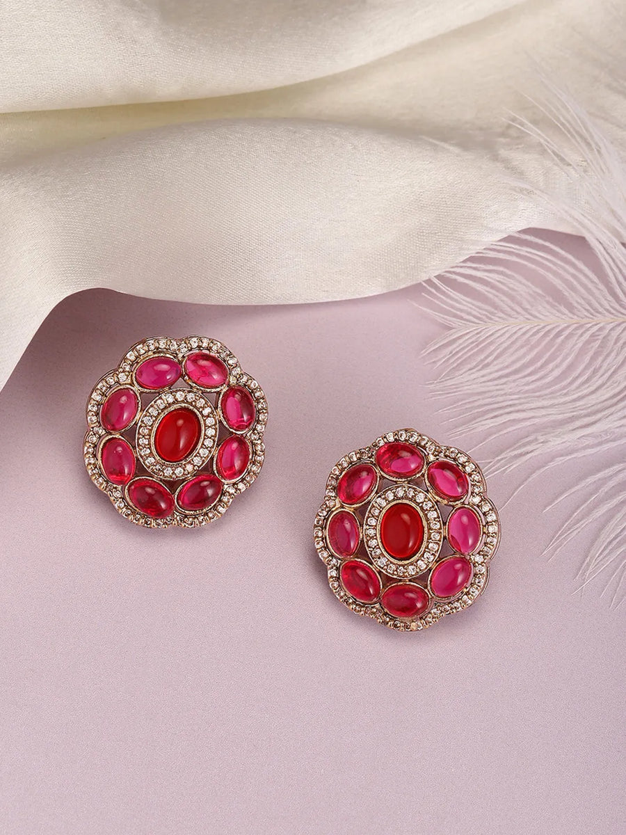 Peora Floral Charm Ruby Stud Earrings - Gold