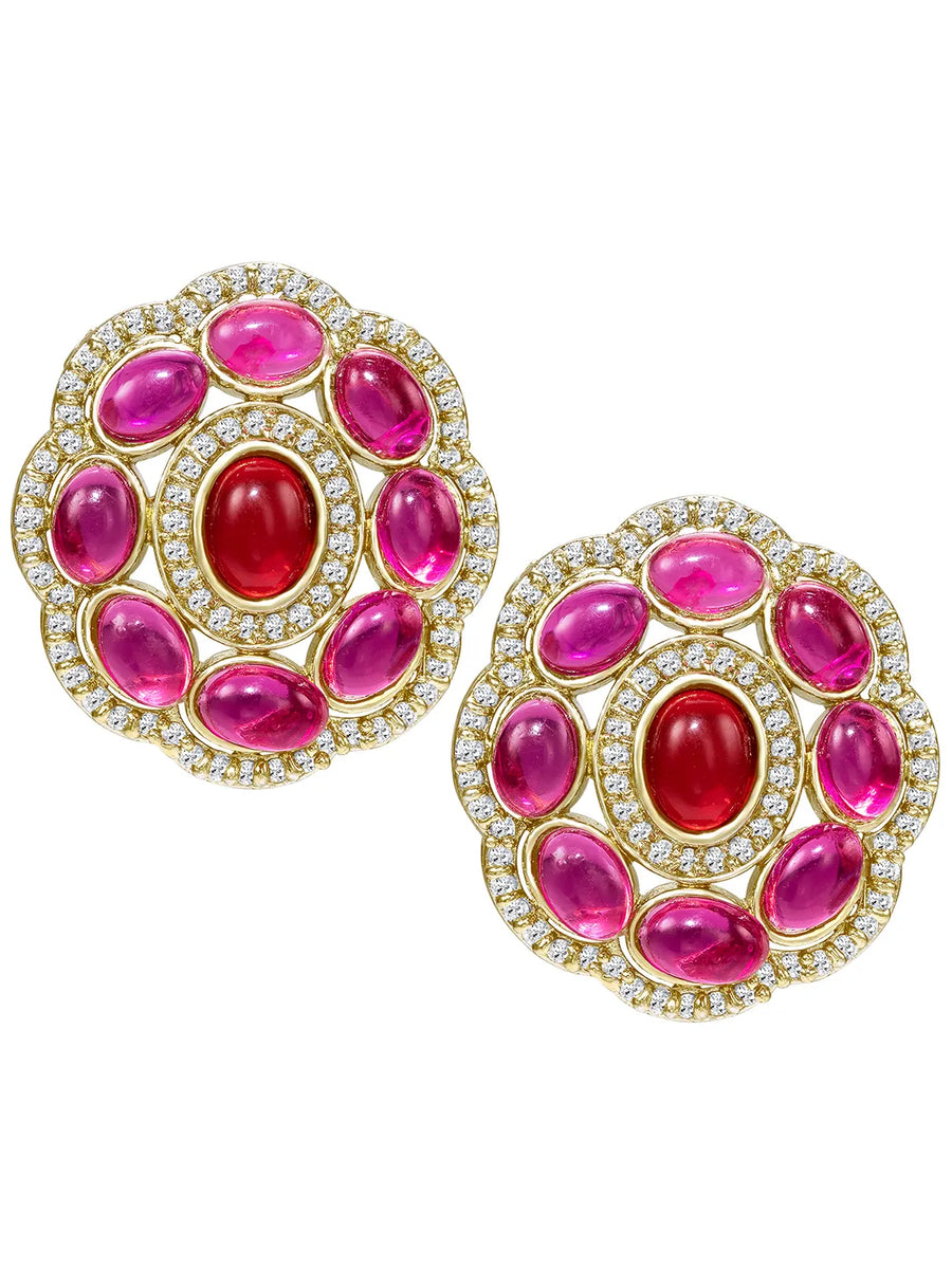 Peora Floral Charm Ruby Stud Earrings - Gold