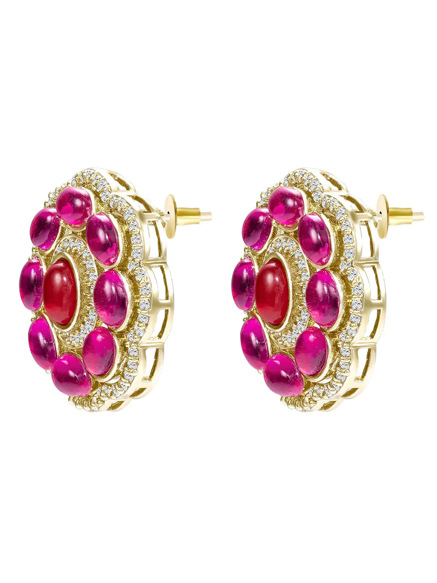 Peora Floral Charm Ruby Stud Earrings - Gold