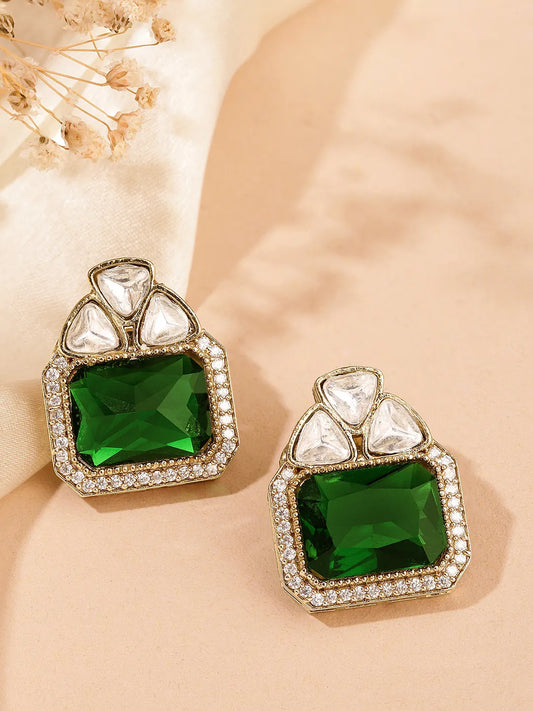 Square Emerald Spark Studs Earrings - Green