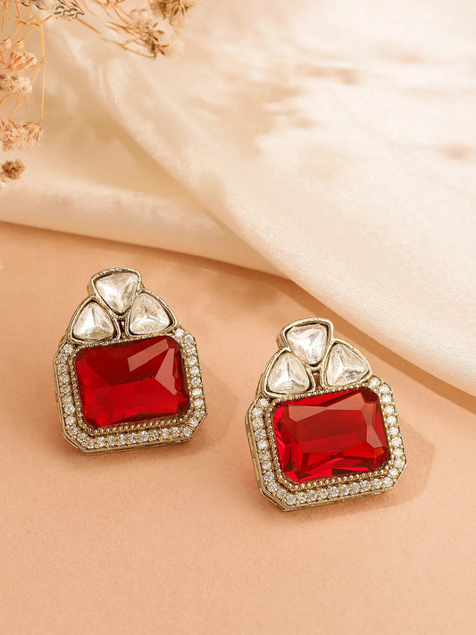 Square Emerald Spark Studs Earrings - Maroon