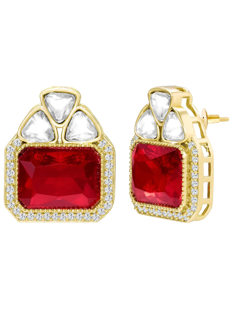 Peora Red Kundan Stud Earrings - Gold