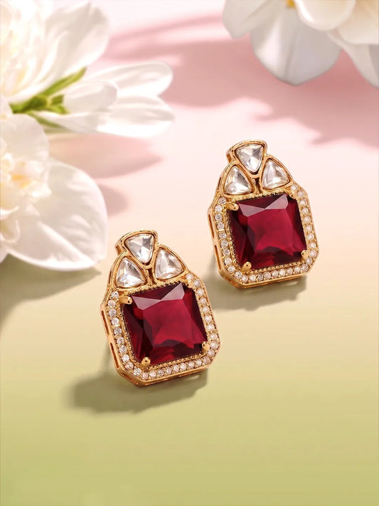 Peora Red Kundan Stud Earrings - Gold