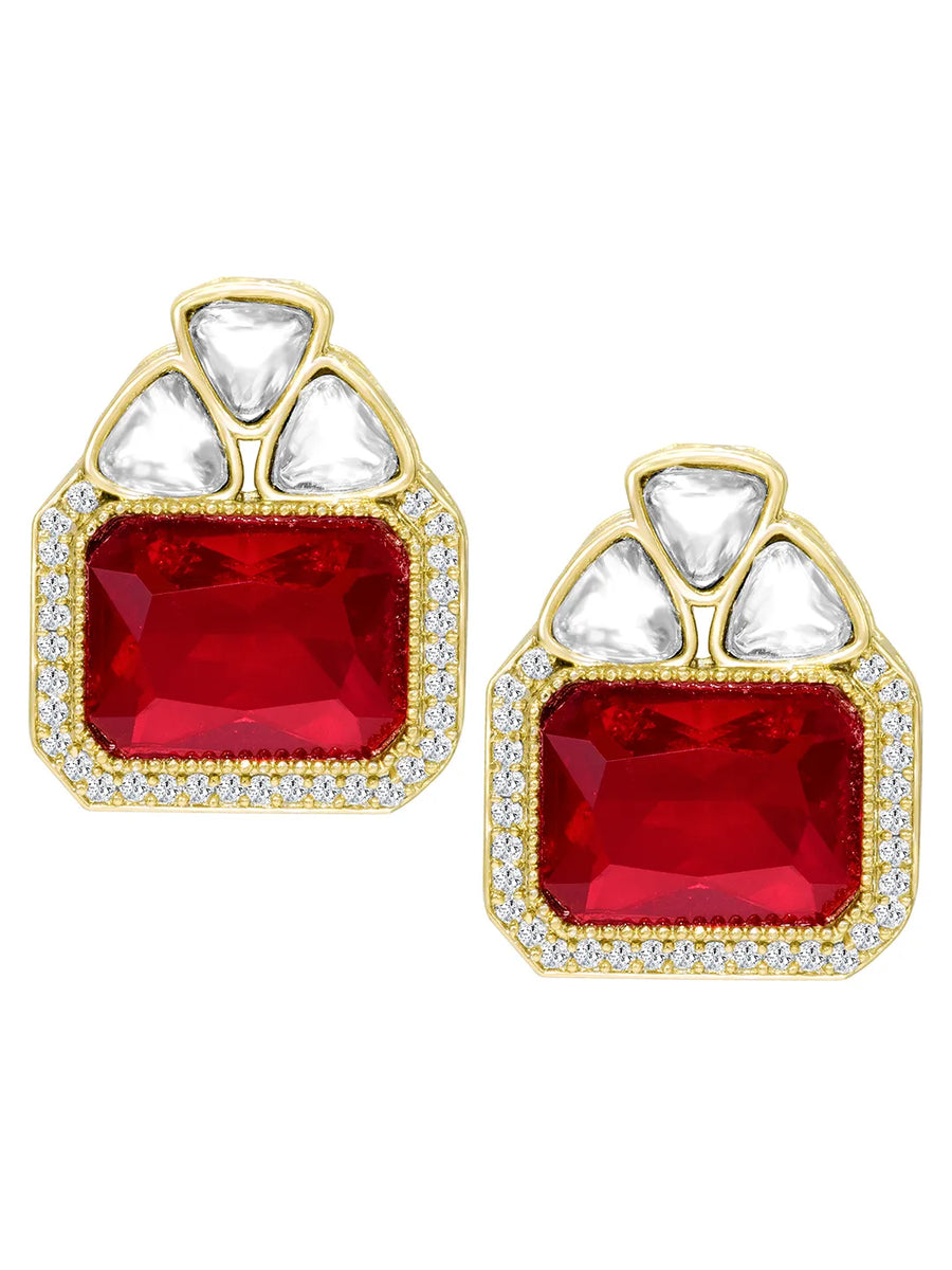 Peora Red Kundan Stud Earrings - Gold