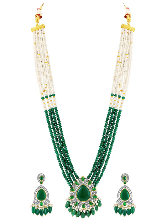 Layered Beaded Necklace & Earrings Set - Green-White