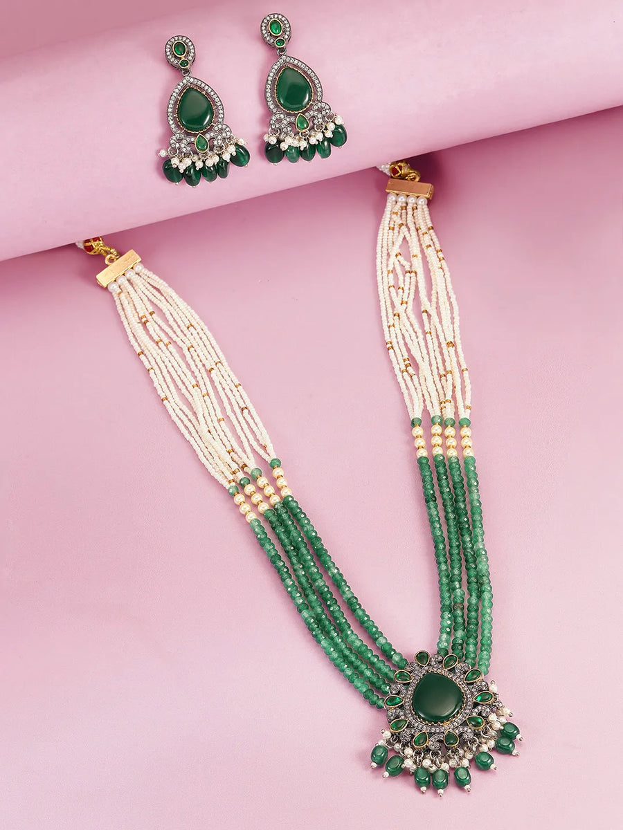 Layered Beaded Necklace & Earrings Set - Green-White
