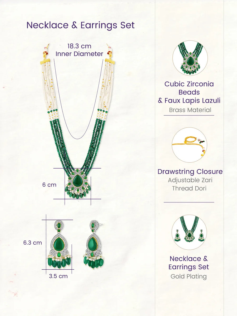 Layered Beaded Necklace & Earrings Set - Green-White