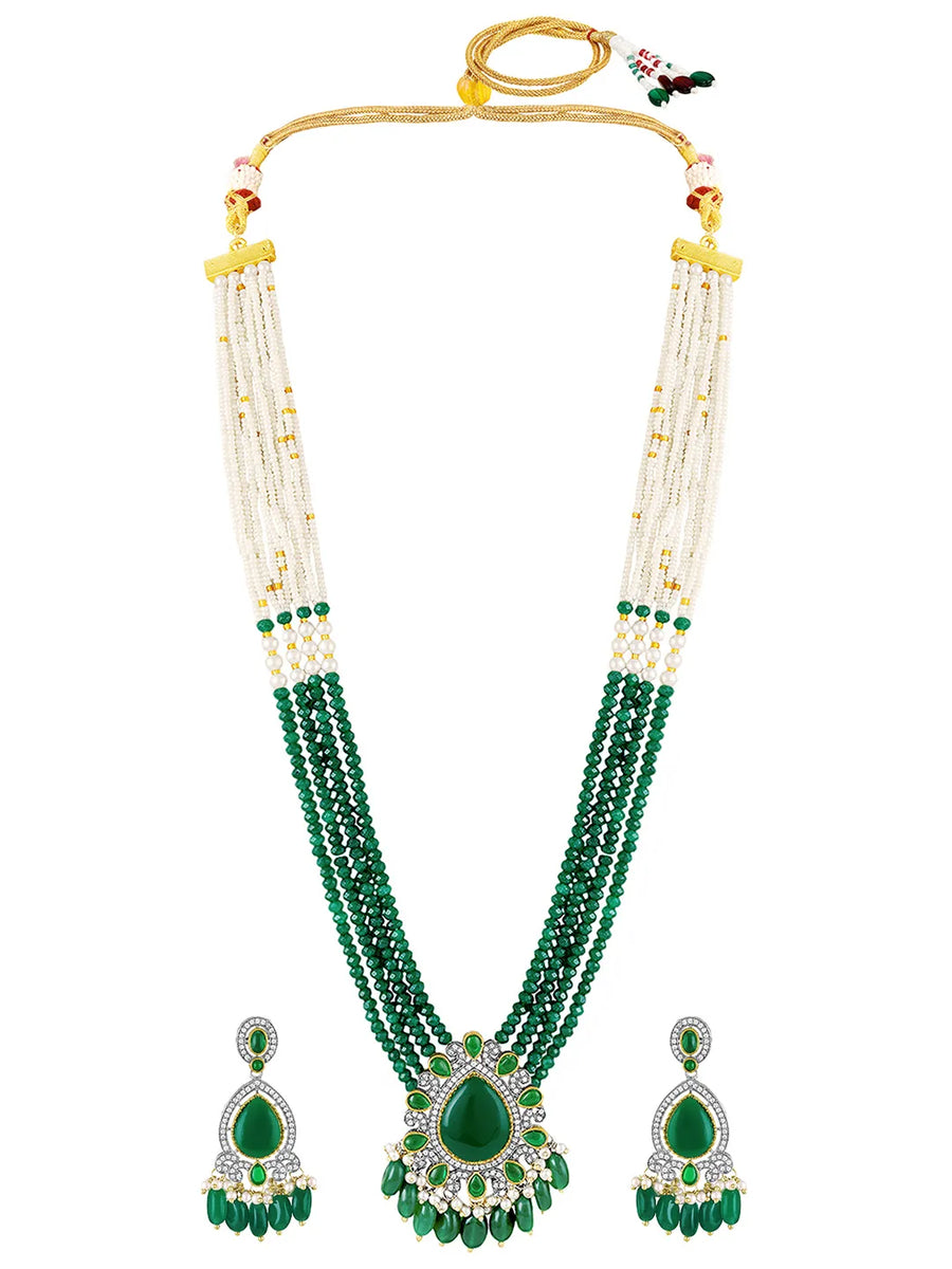 Layered Beaded Necklace & Earrings Set - Green-White