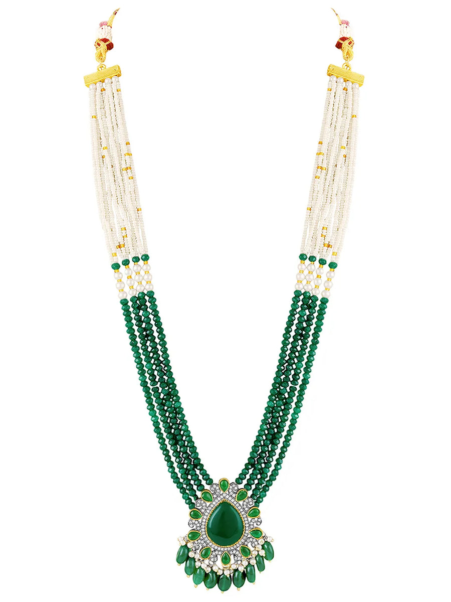 Layered Beaded Necklace & Earrings Set - Green-White