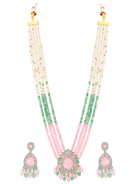 Layered Beaded Necklace & Earrings Set - Pink Mint-White