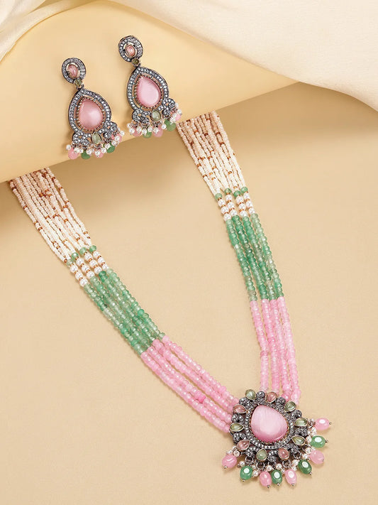 Layered Beaded Necklace & Earrings Set - Pink Mint-White