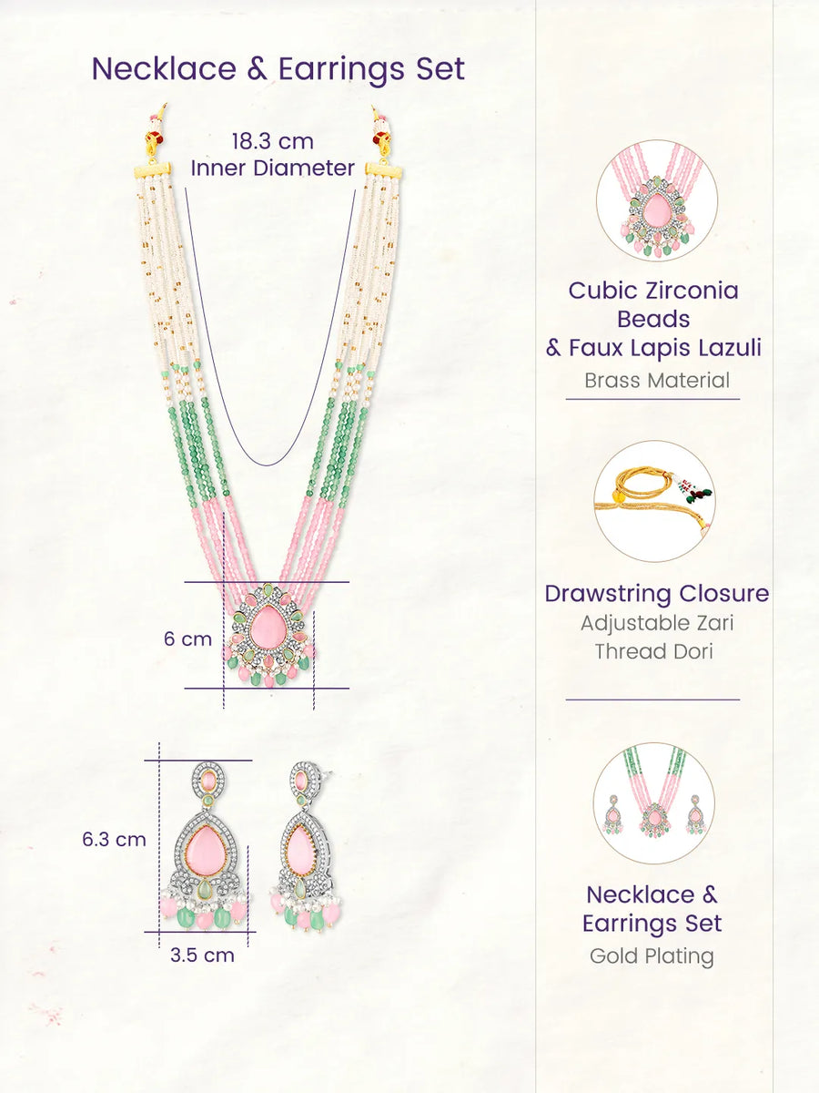 Layered Beaded Necklace & Earrings Set - Pink Mint-White