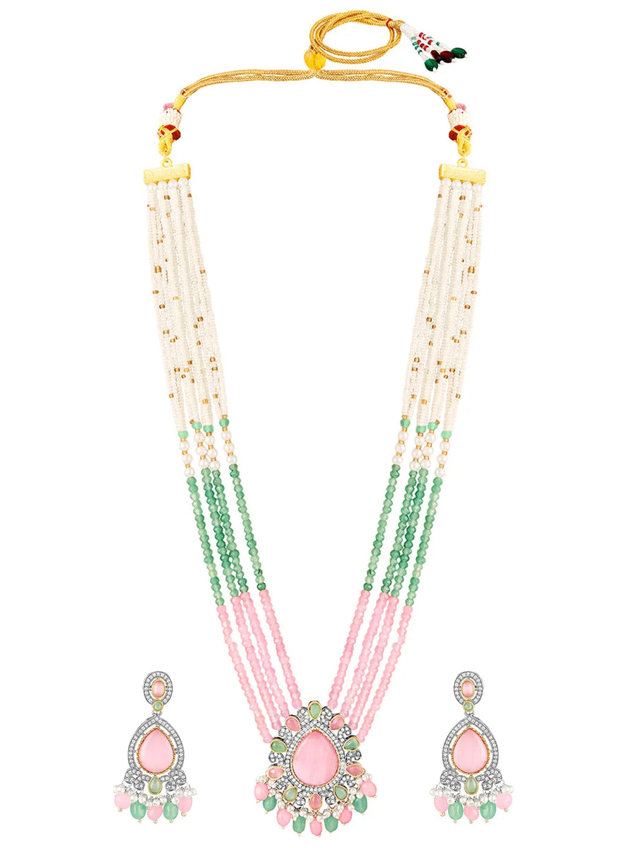Layered Beaded Necklace & Earrings Set - Pink Mint-White