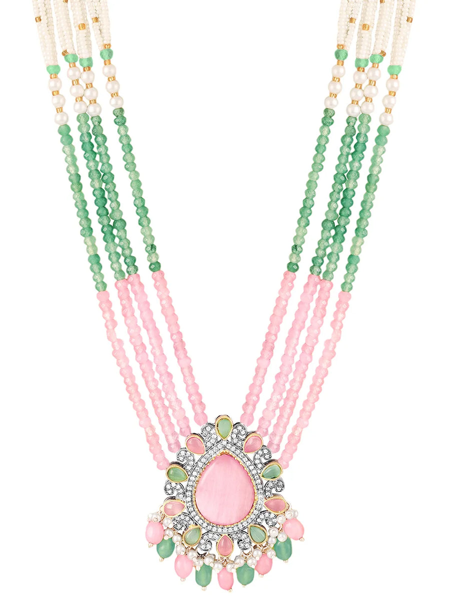 Layered Beaded Necklace & Earrings Set - Pink Mint-White