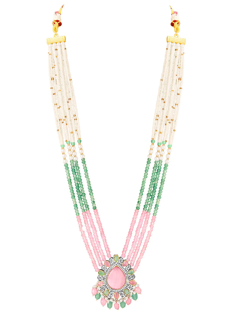 Layered Beaded Necklace & Earrings Set - Pink Mint-White