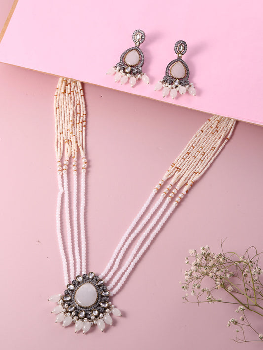 Layered Beaded Necklace & Earrings Set - White