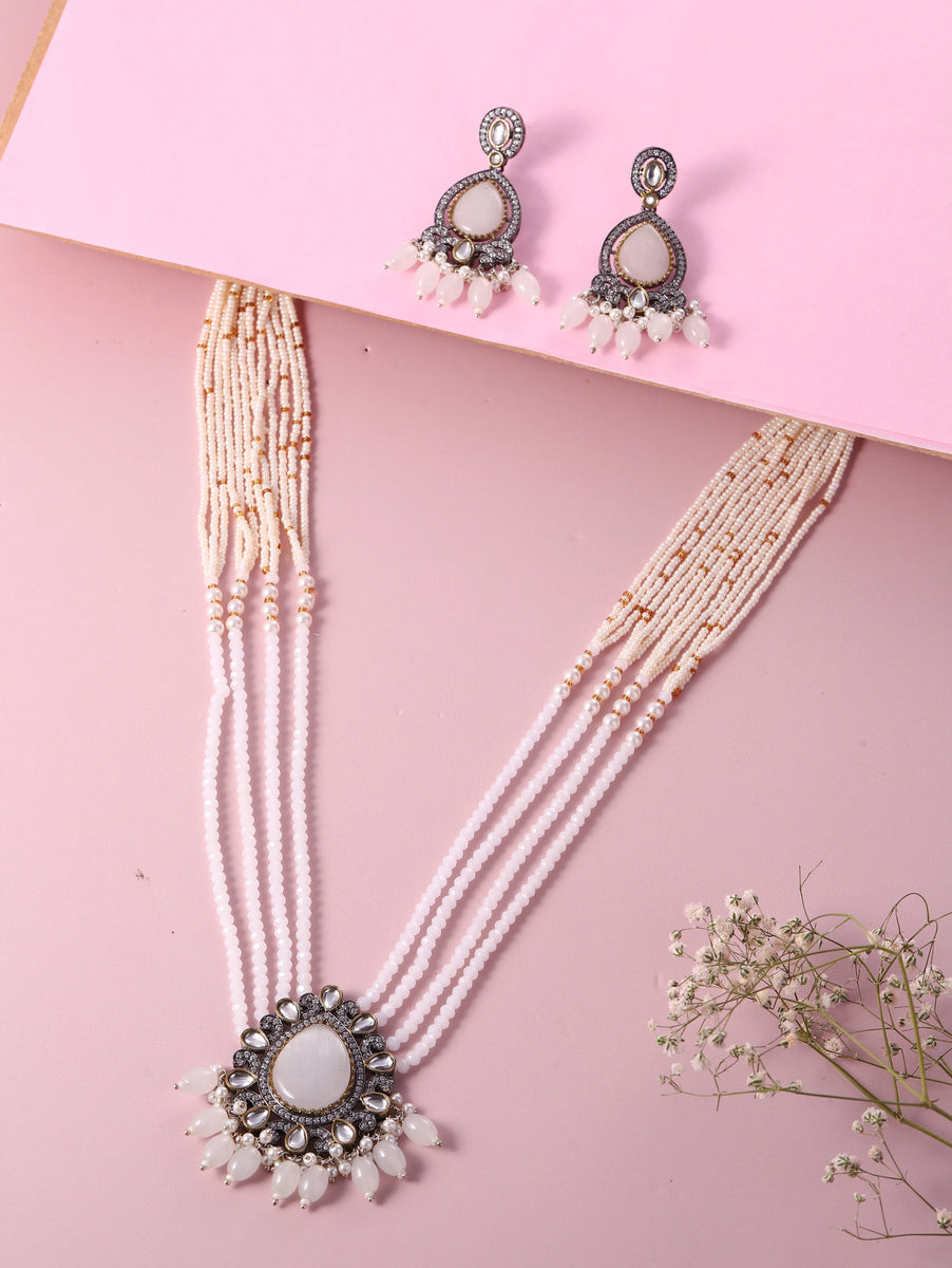 Layered Beaded Necklace & Earrings Set - White