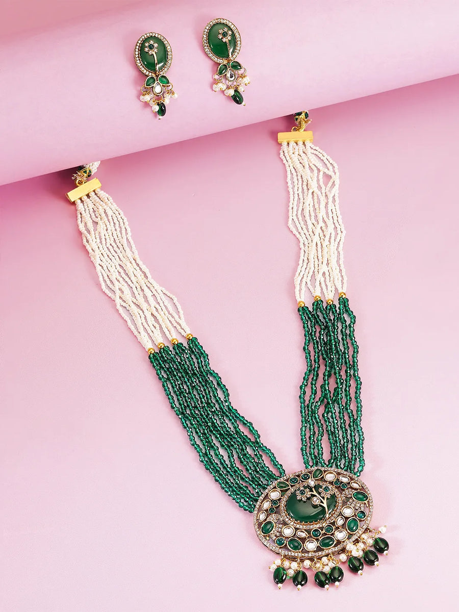 Majestic Multi Strand Kundan Necklace Set - Green-White