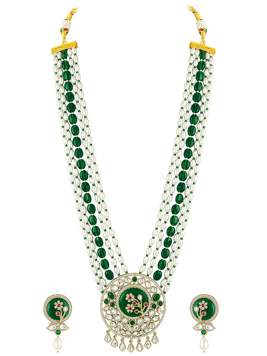 Green Flower Pearl Multi Strand Long Necklace Set