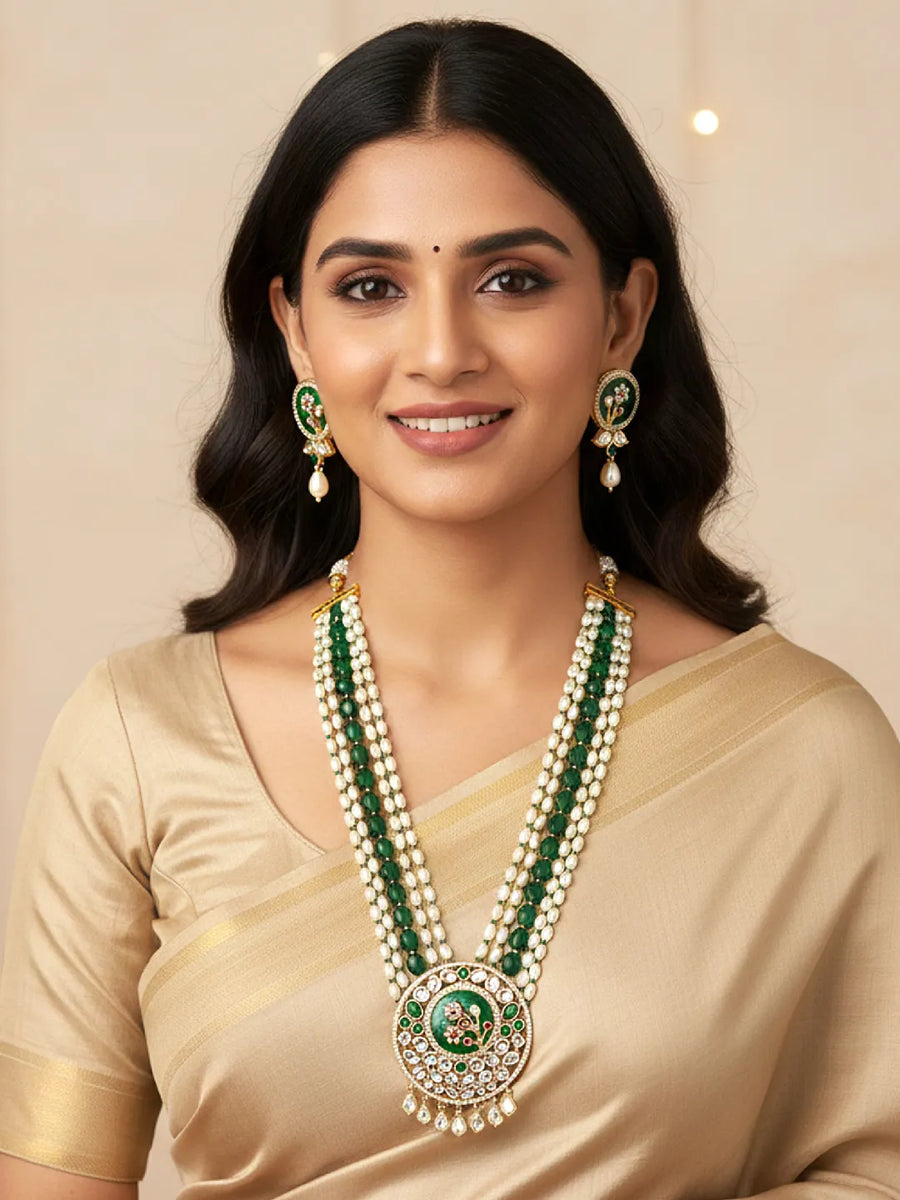 Green Flower Pearl Multi Strand Long Necklace Set
