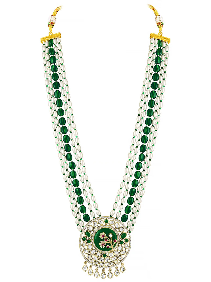 Green Flower Pearl Multi Strand Long Necklace Set